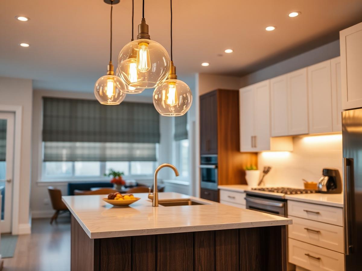 Newly installed pendant light fixtures glowing above a kitchen island