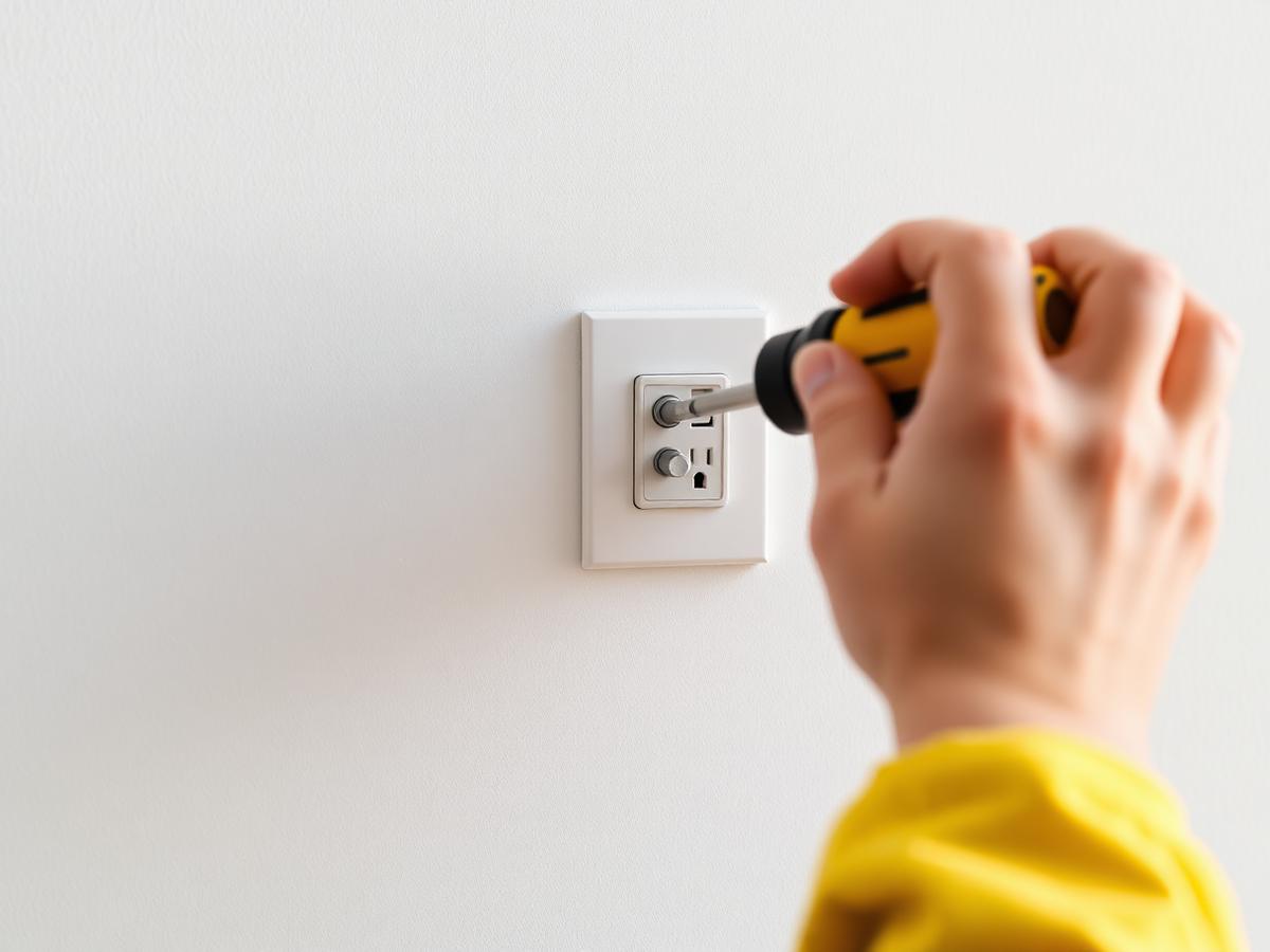 Electrician installing a wall outlet with a screwdriver