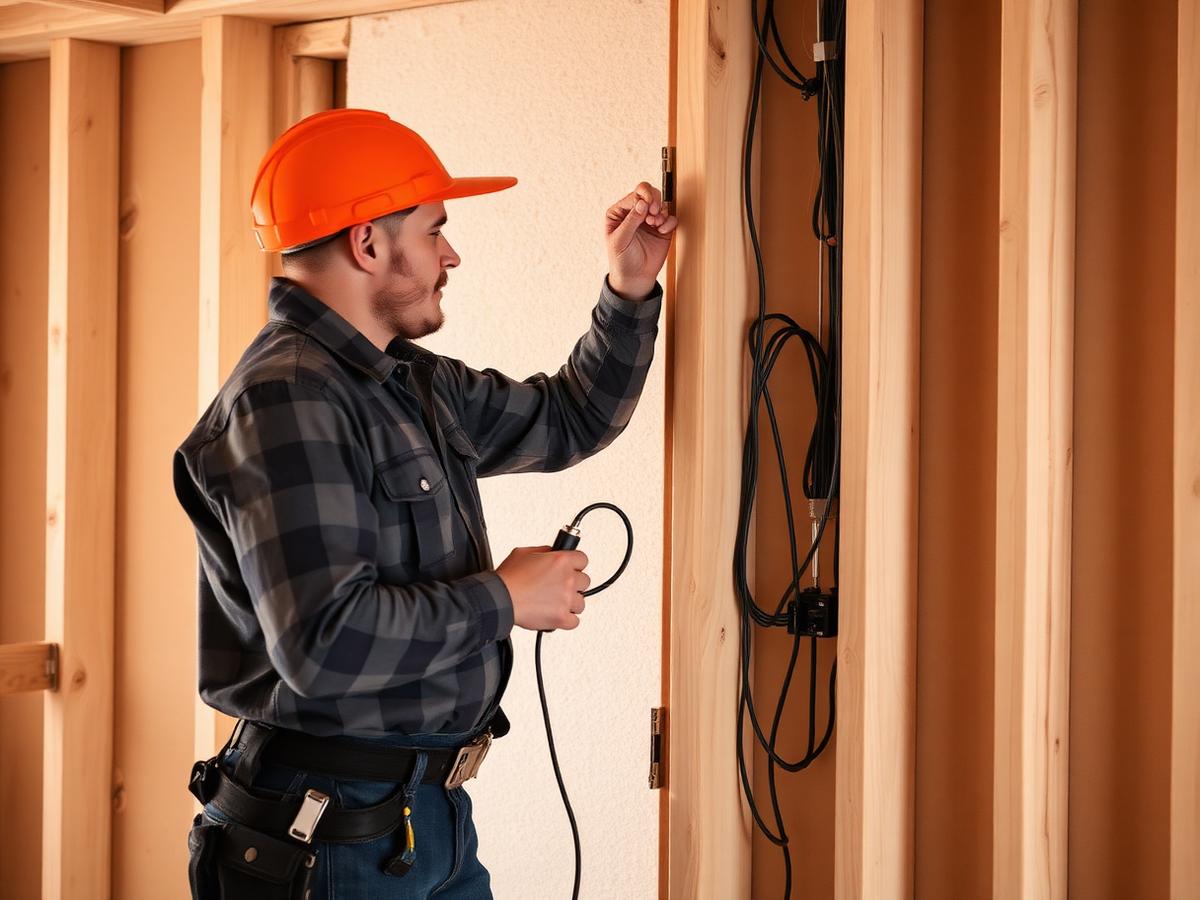 Electrician installing new electrical wiring through wall framing